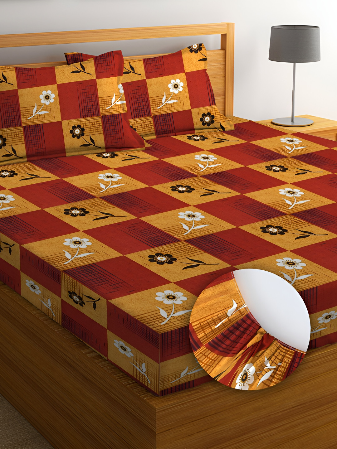 

bsb home Red Floral Printed 180 TC Microfiber Fitted Queen Bedsheet With 2 Pillow Covers