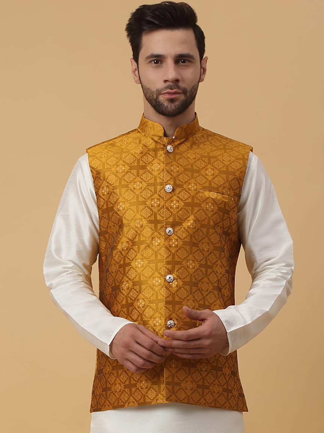 

KRAFT INDIA Woven Design Nehru Jackets, Mustard