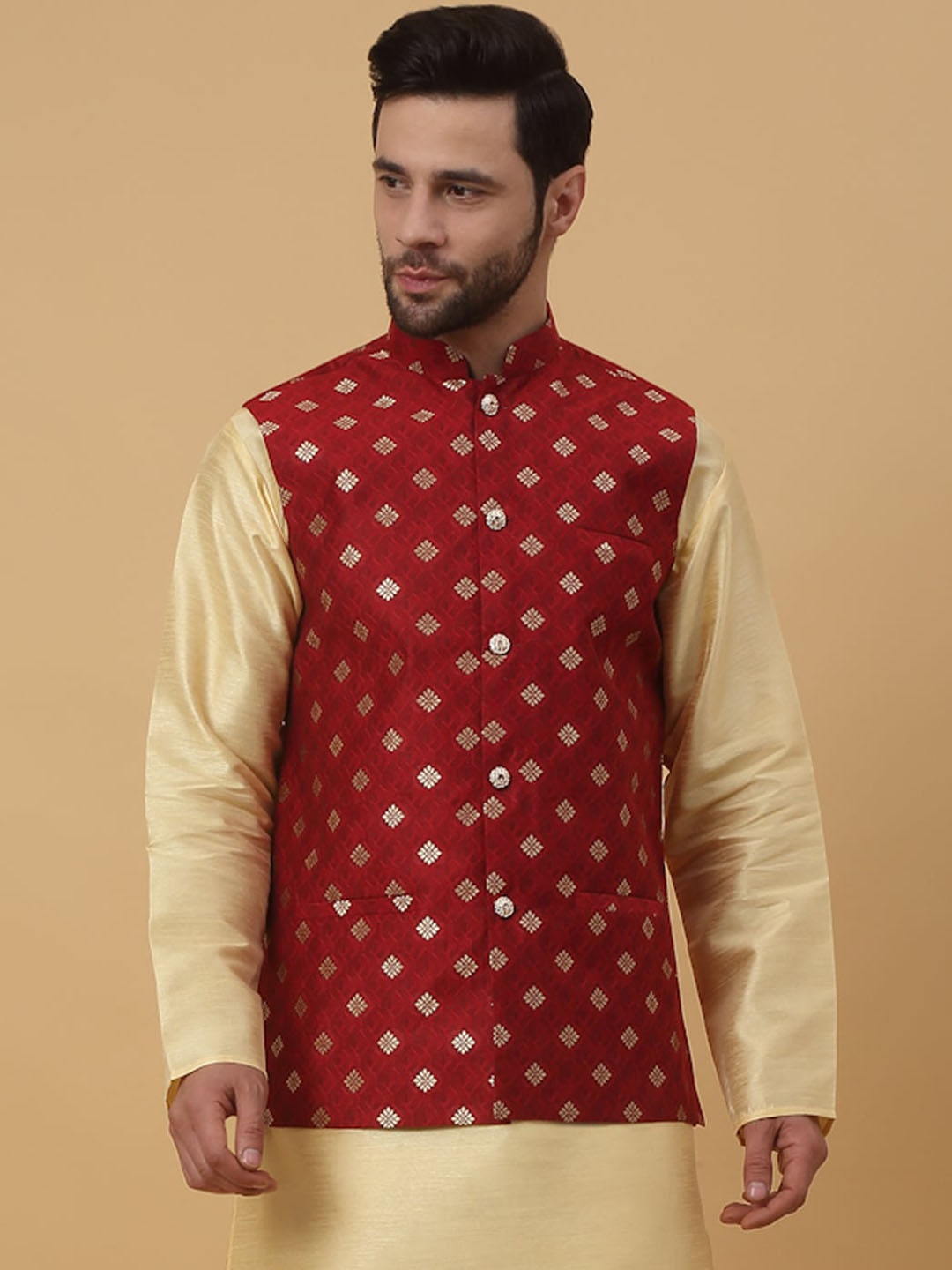 

KRAFT INDIA Woven Design Nehru Jacket, Red