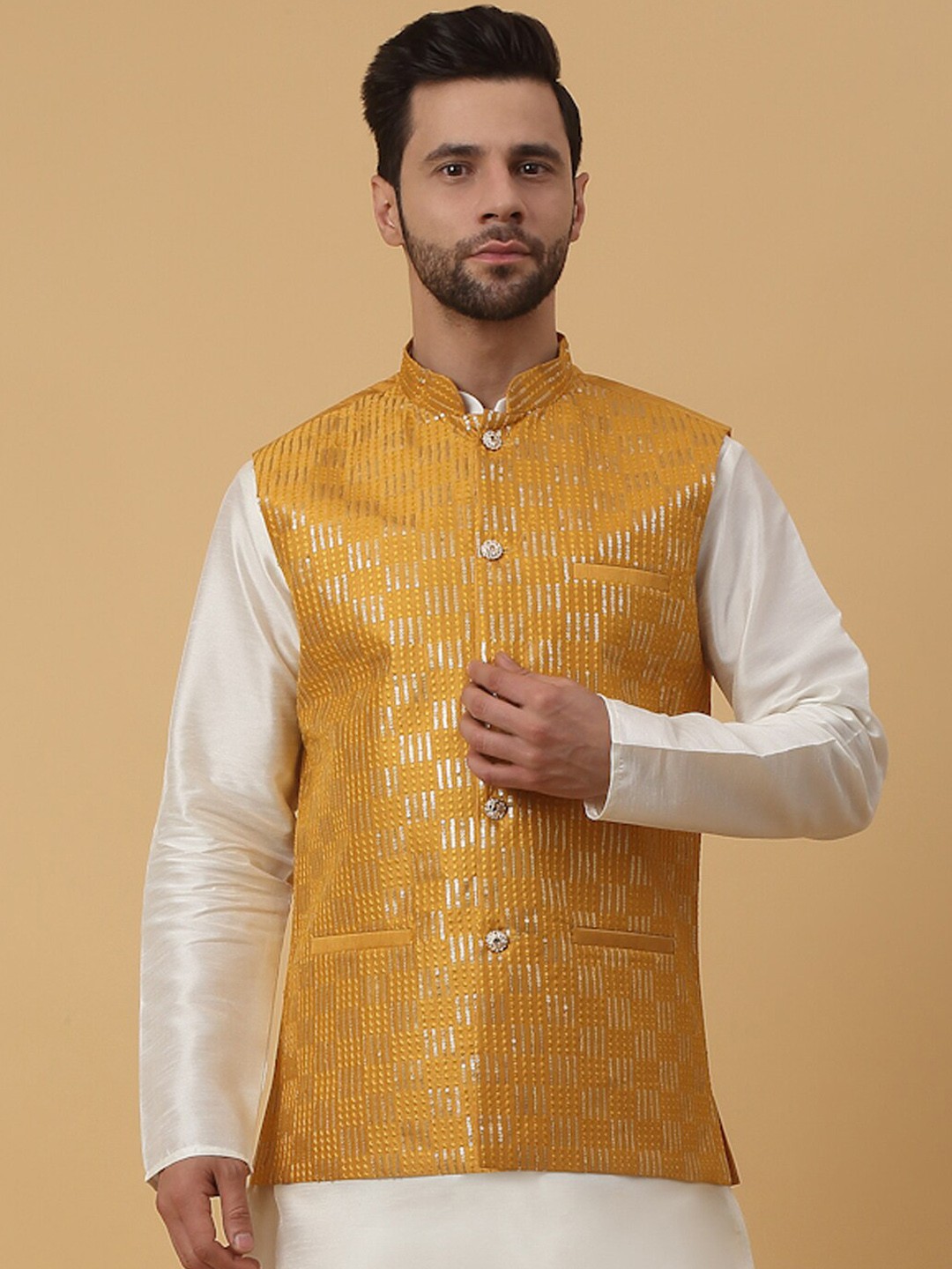 

KRAFT INDIA Embroidered Woven Nehru Jacket, Yellow
