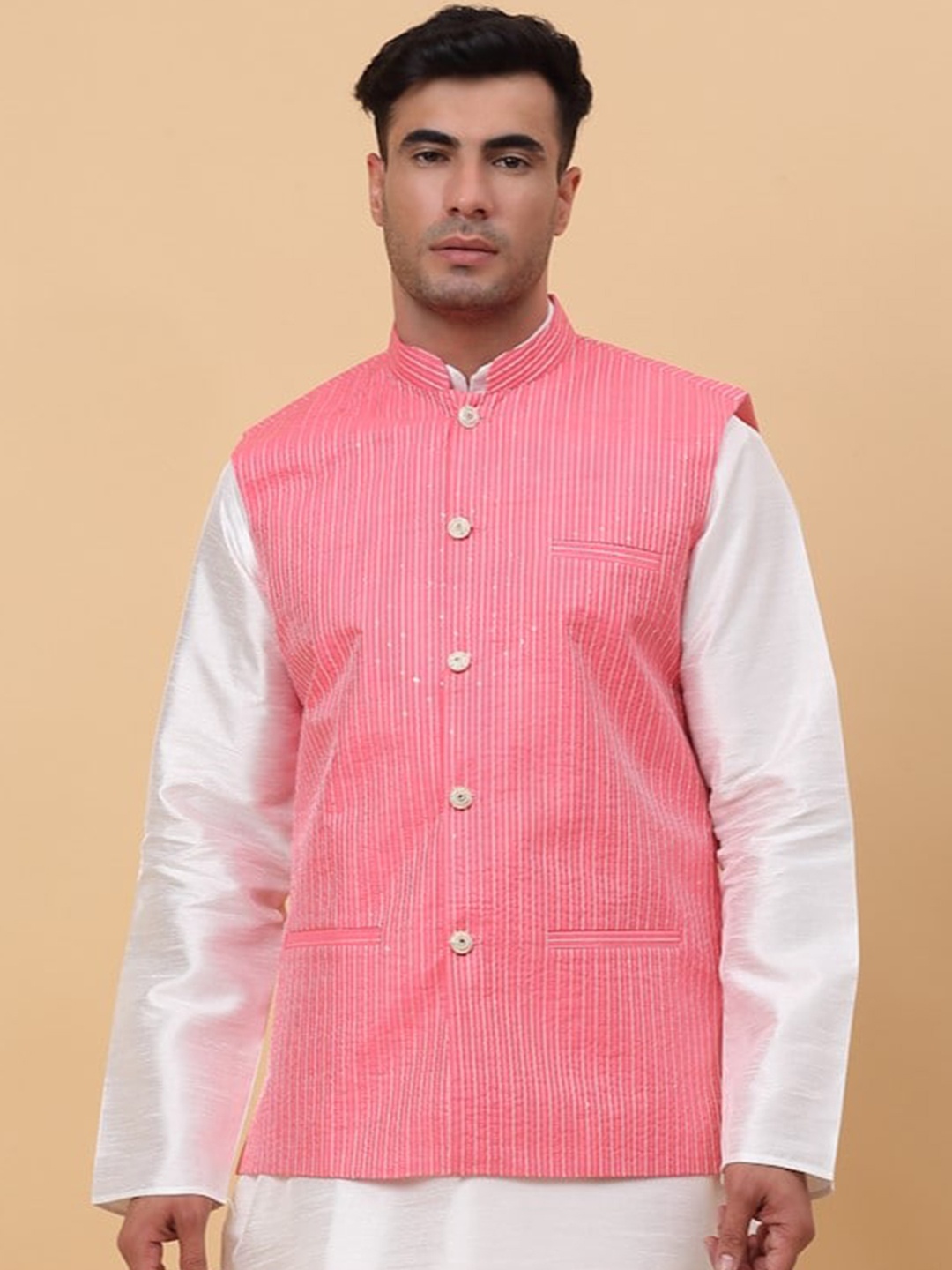 

KRAFT INDIA Striped Woven Nehru Jacket, Pink