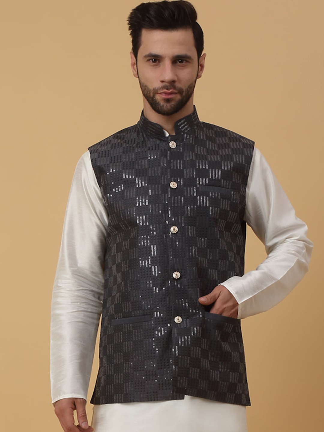 

KRAFT INDIA Embroidered Sequined Nehru Jacket, Grey