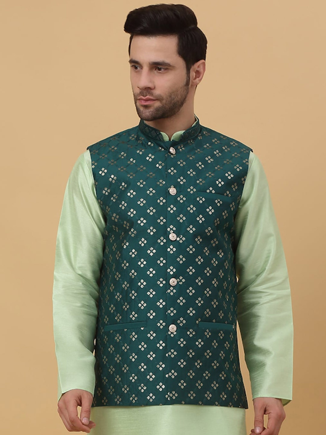 

KRAFT INDIA Embellished Woven Nehru Jacket, Green