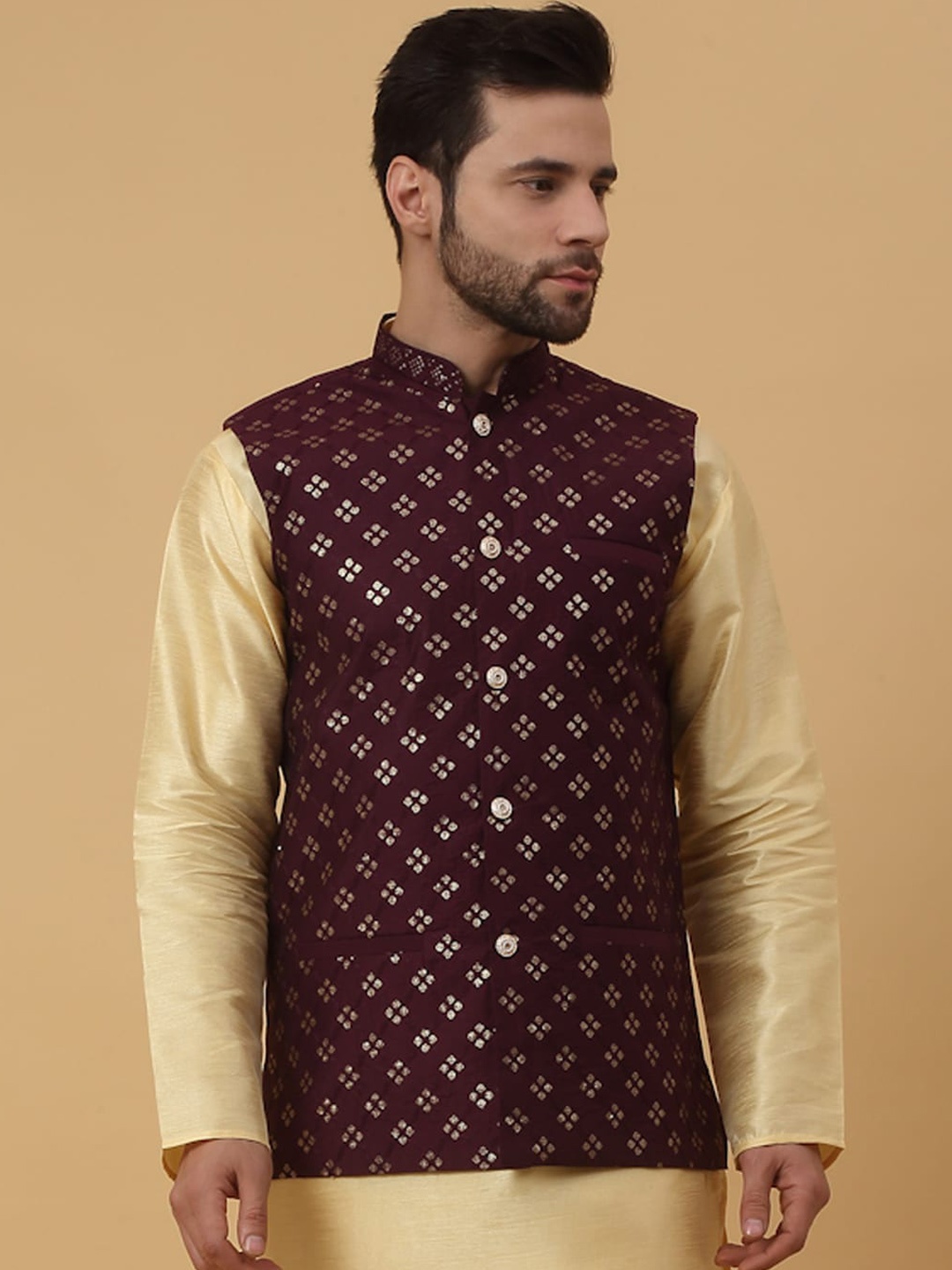 

KRAFT INDIA Embellished Woven Nehru Jackets, Burgundy