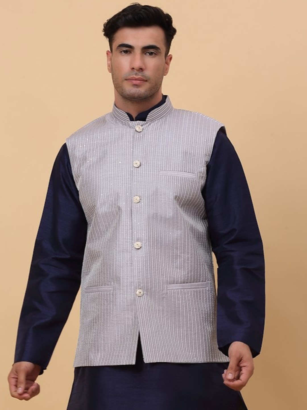 

KRAFT INDIA Striped Woven Nehru Jacket, Grey