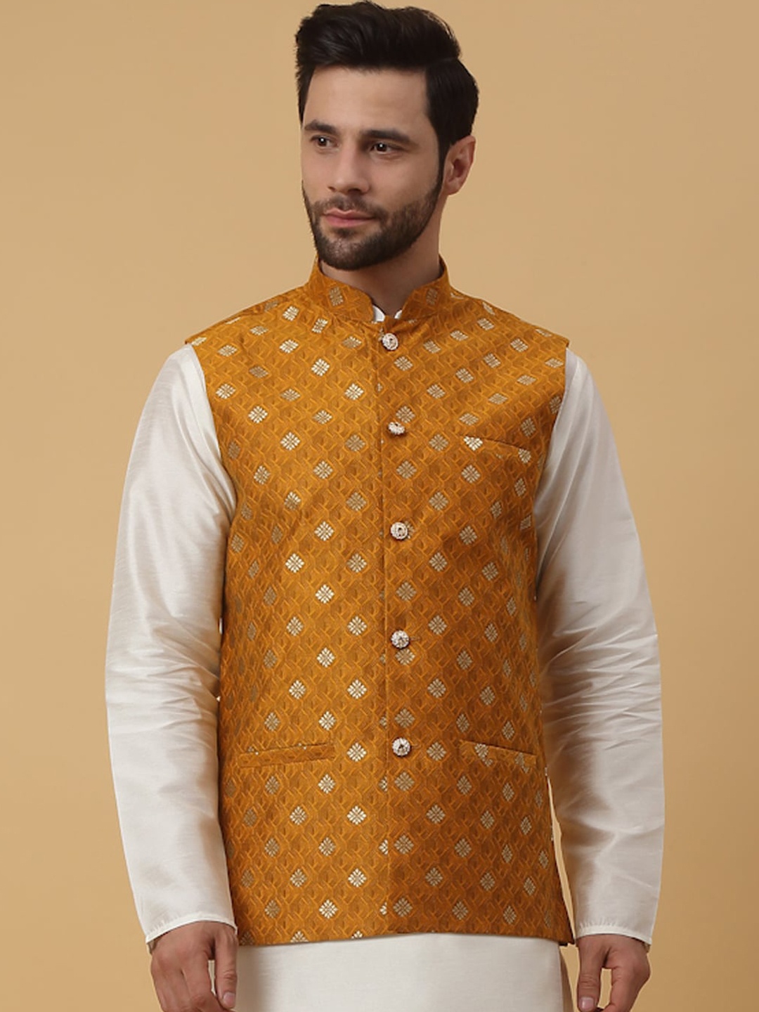 

KRAFT INDIA Woven Design Nehru Jacket, Yellow