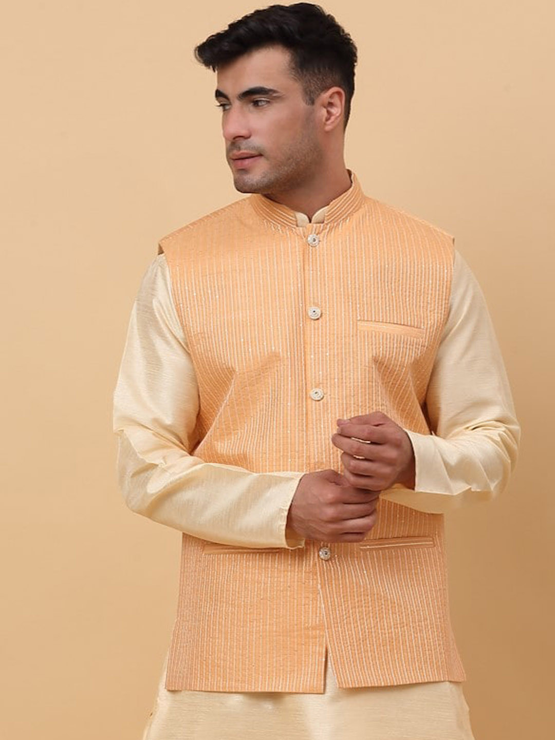 

KRAFT INDIA Striped Woven Nehru Jacket, Peach