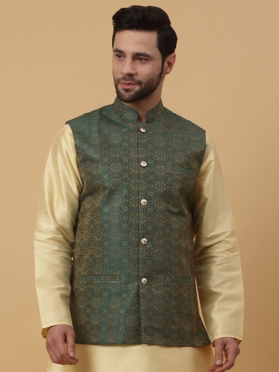 

KRAFT INDIA Woven-Design Nehru Jacket, Green