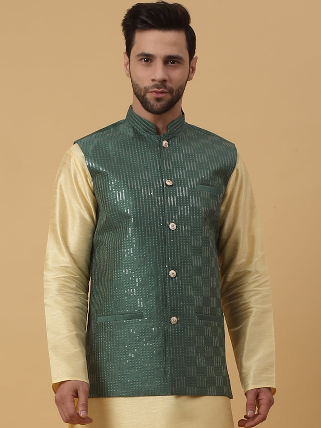 

KRAFT INDIA Embellished Woven Nehru Jacket, Green