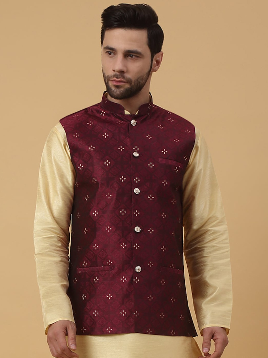

KRAFT INDIA Embellished Woven Nehru Jacket, Burgundy