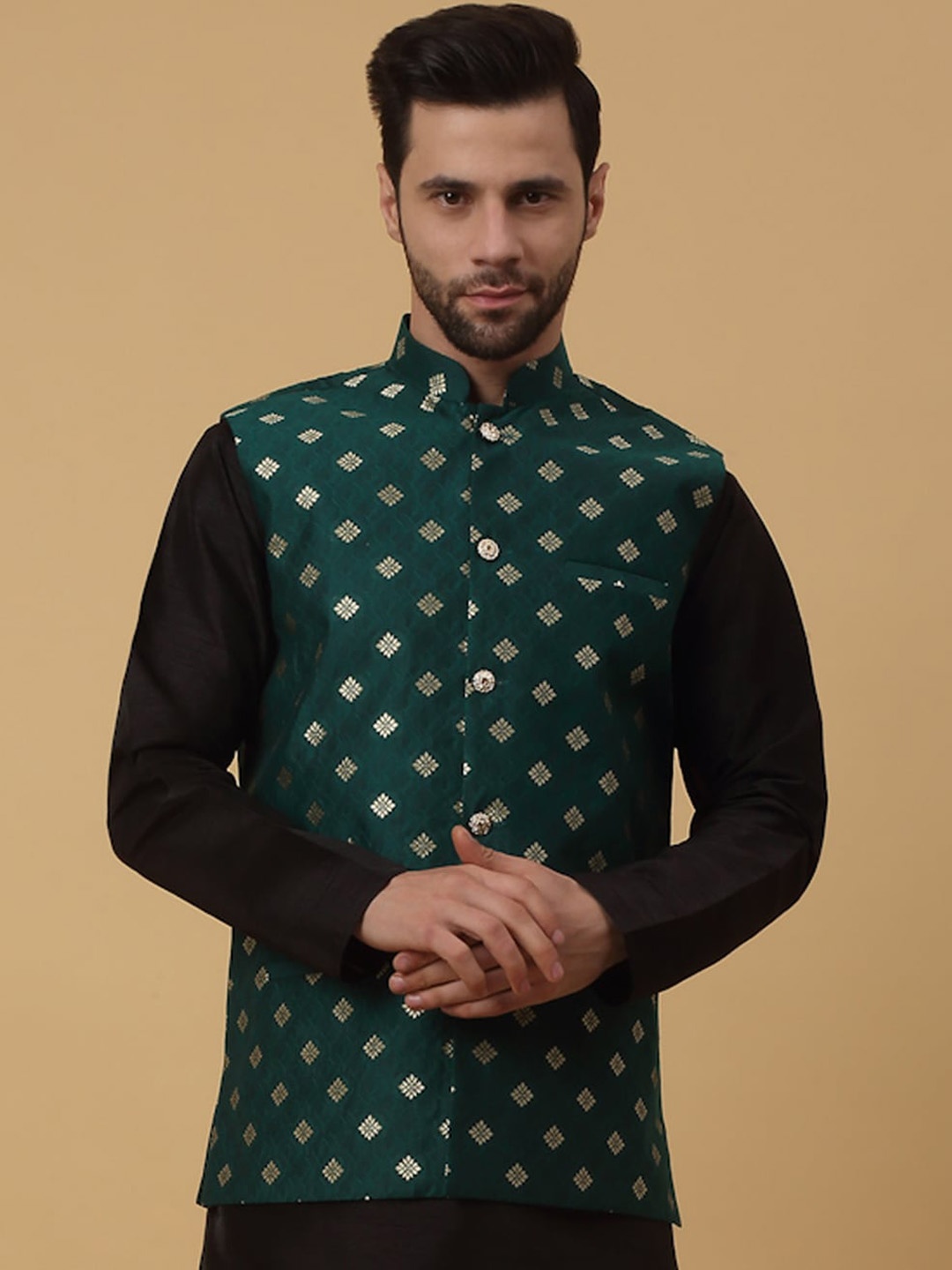 

KRAFT INDIA Embellished Woven Nehru Jacket, Green