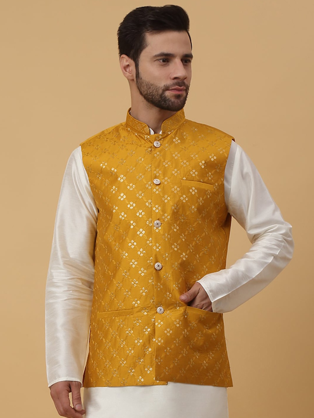 

KRAFT INDIA Embellished Woven Nehru Jacket, Mustard