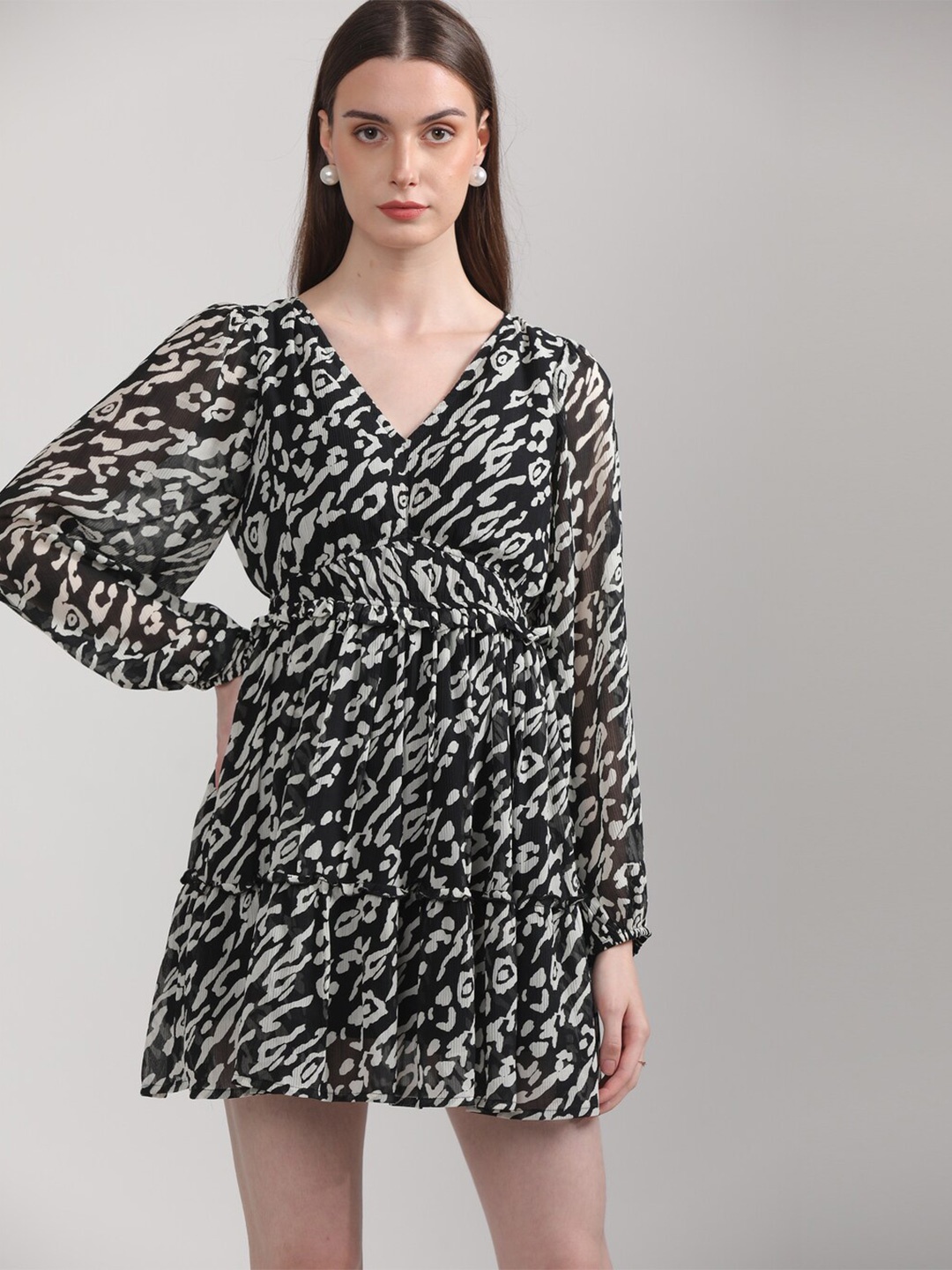 

BOTNIA Animal Printed V-Neck Flared Sleeve Mini Wrap Dress, Black