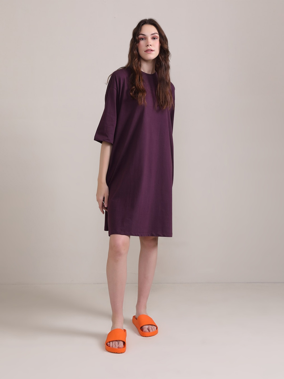 

BOTNIA Cotton Straight Round Neck Above Knee A-Line Dress, Burgundy