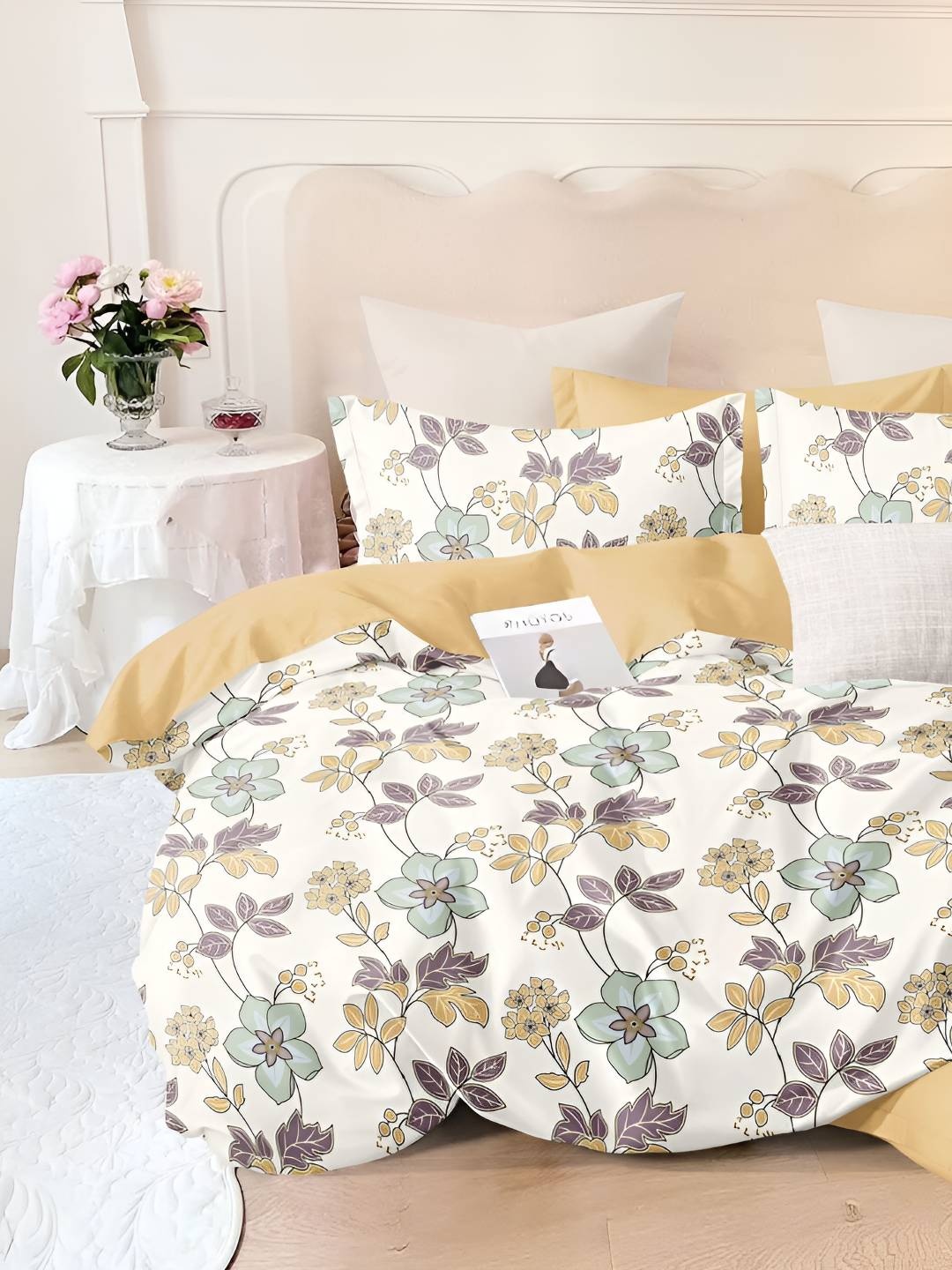 

Bajo's White & Yellow Floral 300 TC Cotton Queen Bedsheet with 2 Pillow Covers