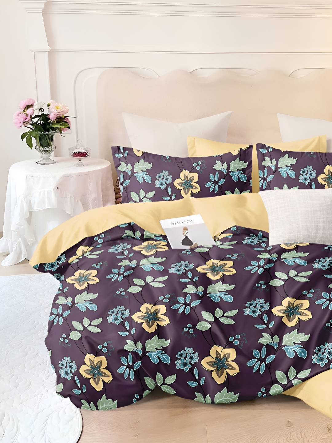 

Bajo's Purple & Yellow Floral 300 TC Cotton Queen Bedsheet with 2 Pillow Covers