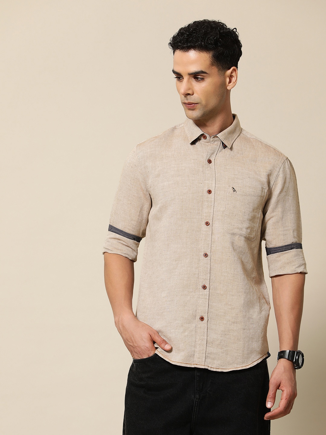 

Mr Bowerbird Men Premium Tailored Fit Linen Cotton Oxford Shirt, Brown