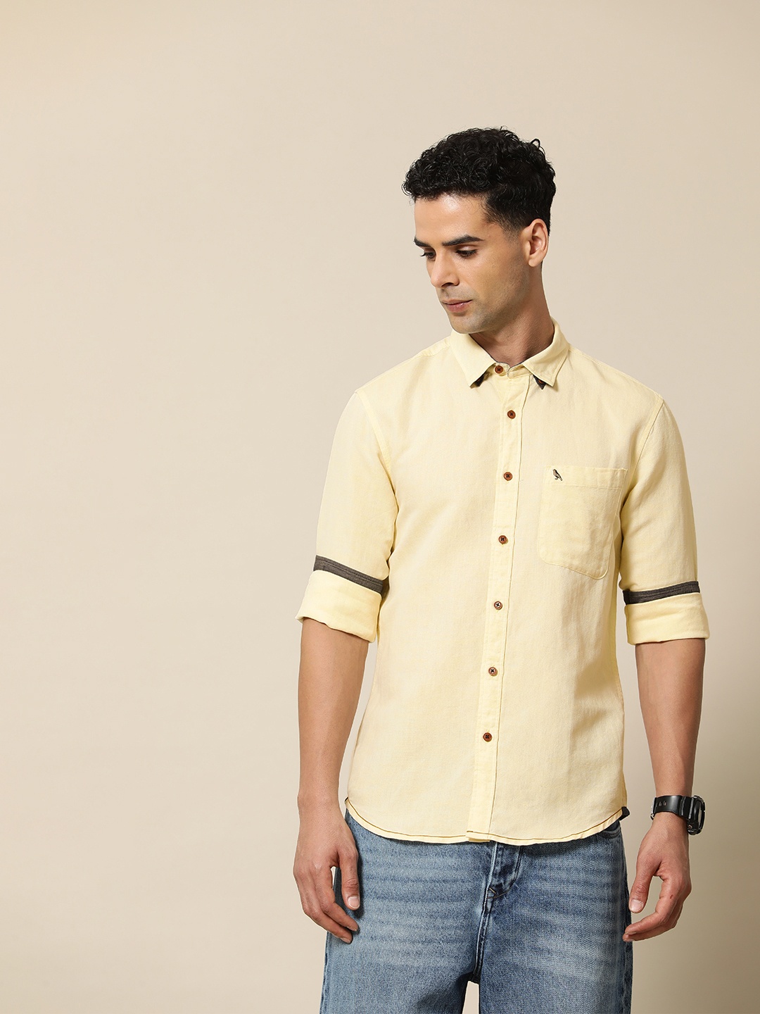 

Mr Bowerbird Men Premium Tailored Fit Linen Cotton Oxford Shirt, Yellow
