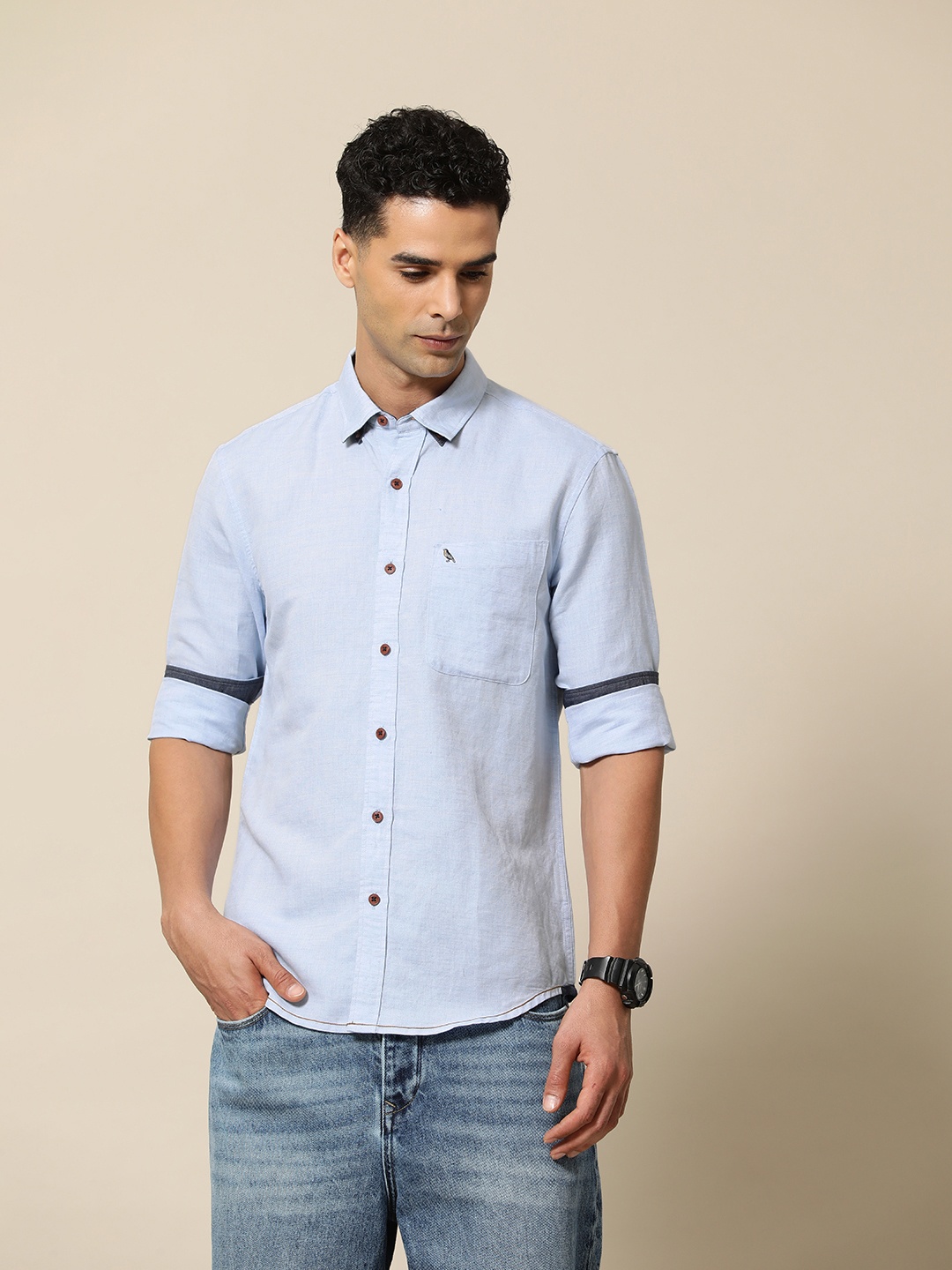 

Mr Bowerbird Men Premium Tailored Fit Linen Cotton Oxford Shirt, Blue