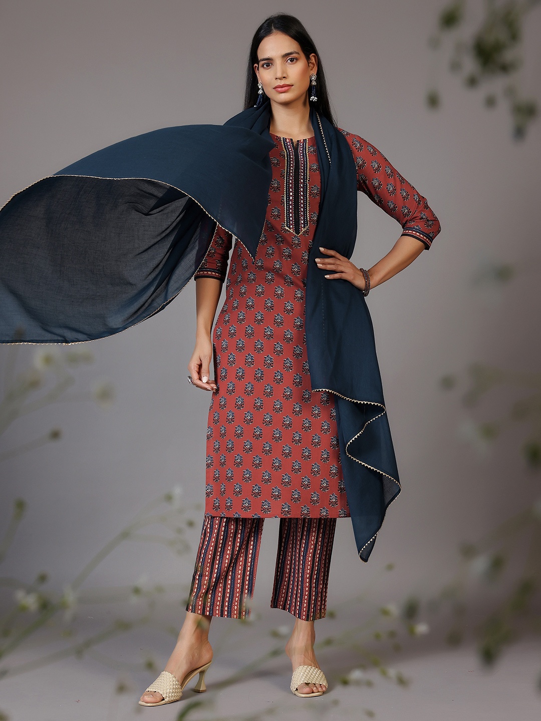 

Libas Floral Printed Regular Gotta Patti Pure Cotton Kurta With Trousers & Dupatta, Rust
