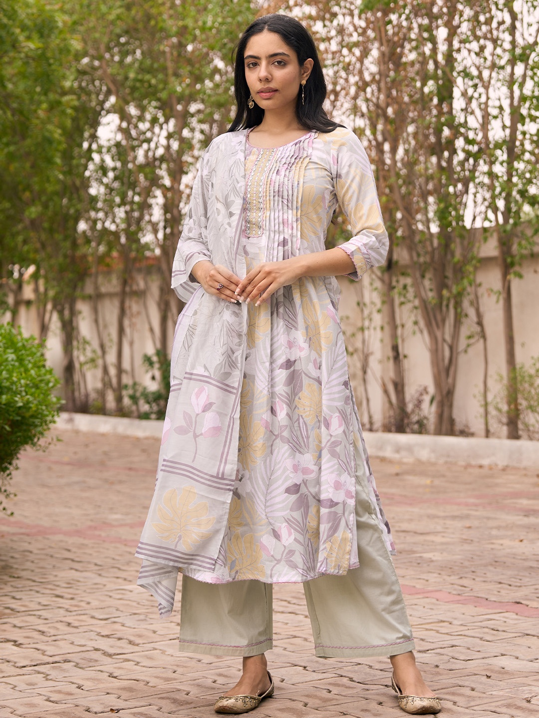

Libas Floral Printed Pintuck Mirror Work A-Line Kurta With Palazzos & Dupatta, Grey