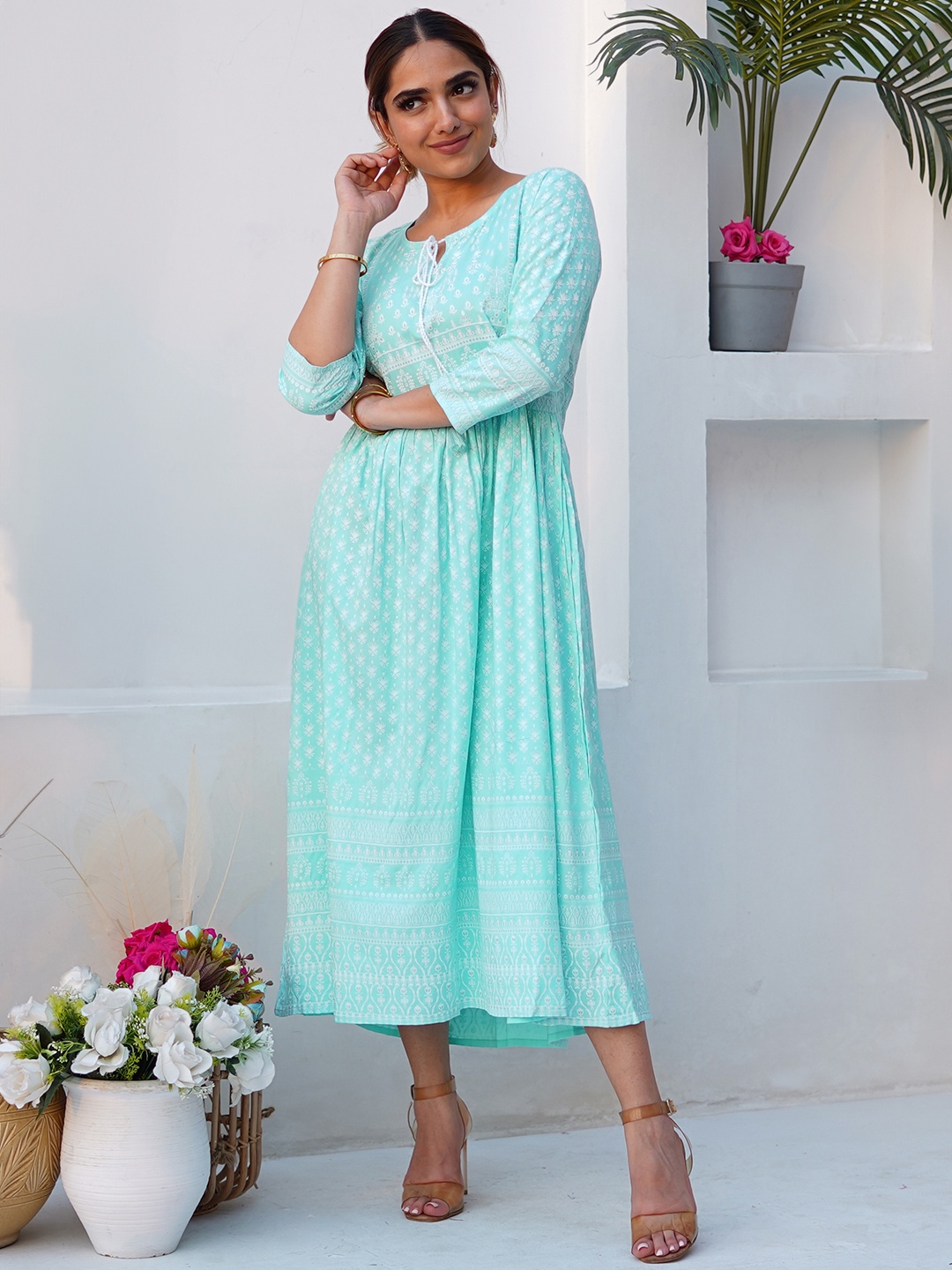 

Libas Printed Tie-Up Neck Puff Sleeve Cotton A-Line Midi Dress, Blue