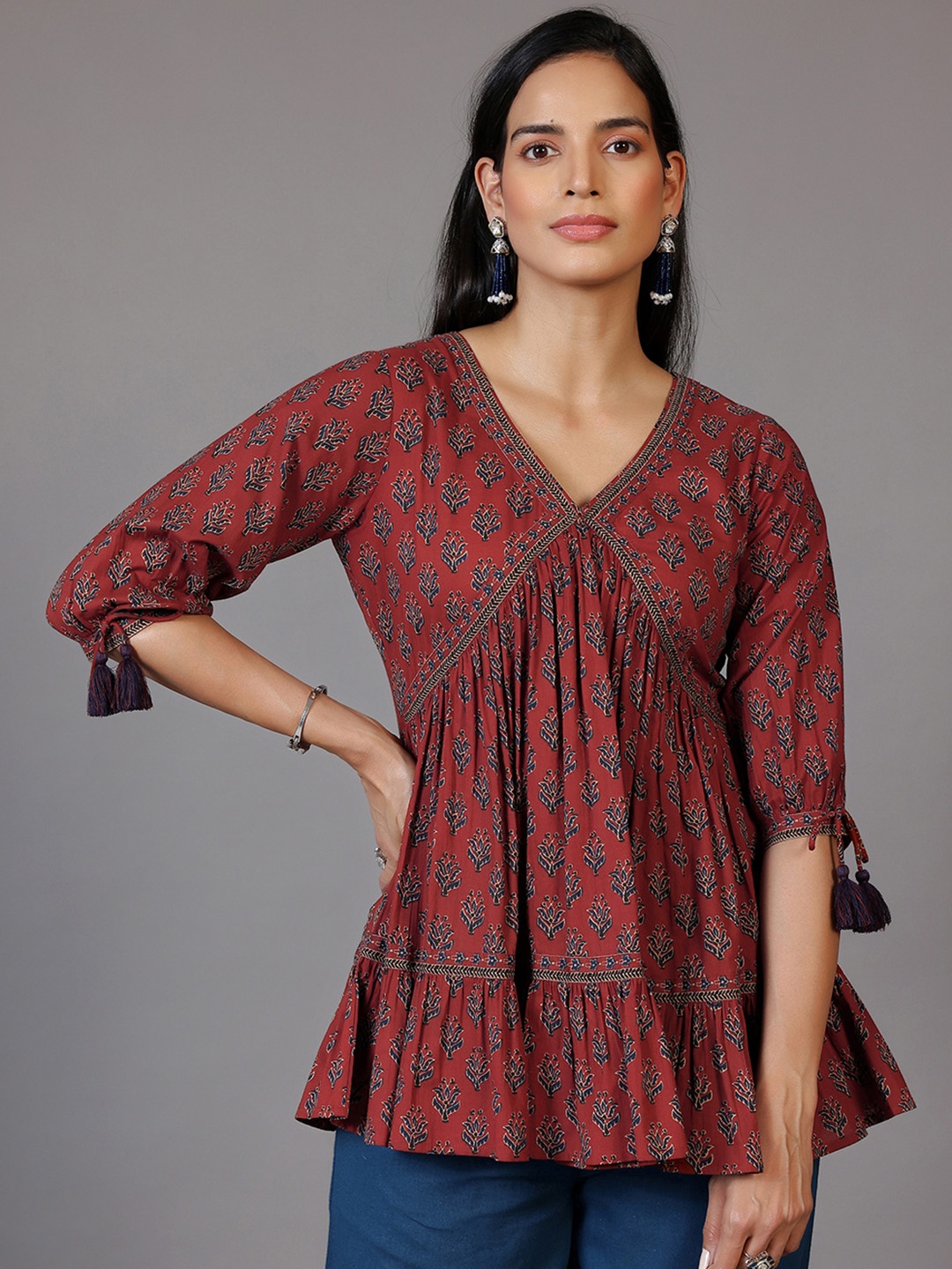 

Libas Ethnic Motifs Printed V-Neck Pure Cotton Empire Kurti, Rust