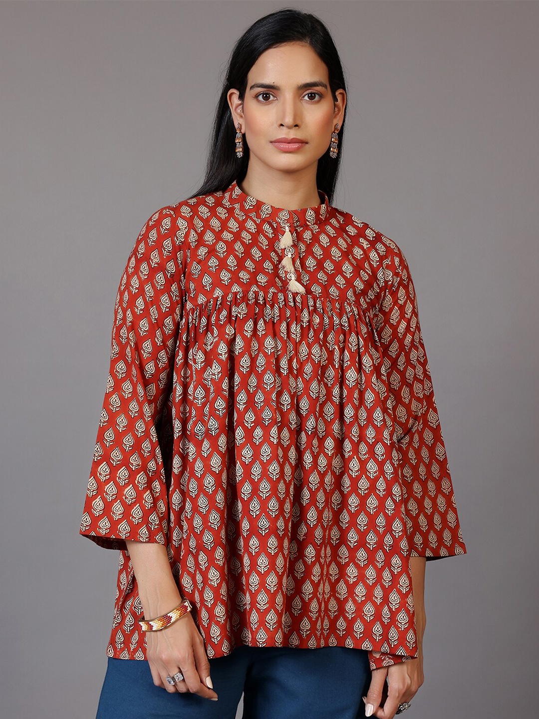 

Libas Floral Printed Flared Sleeves Pure Cotton Empire Kurti, Rust