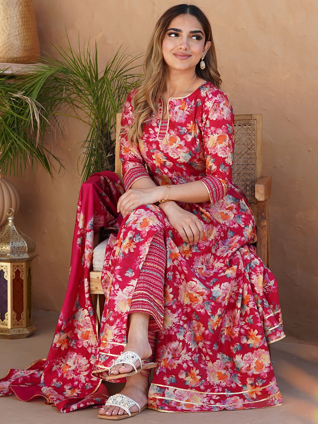 

Libas Floral Printed Empire Gotta Patti Kurta with Trousers & Dupatta, Pink