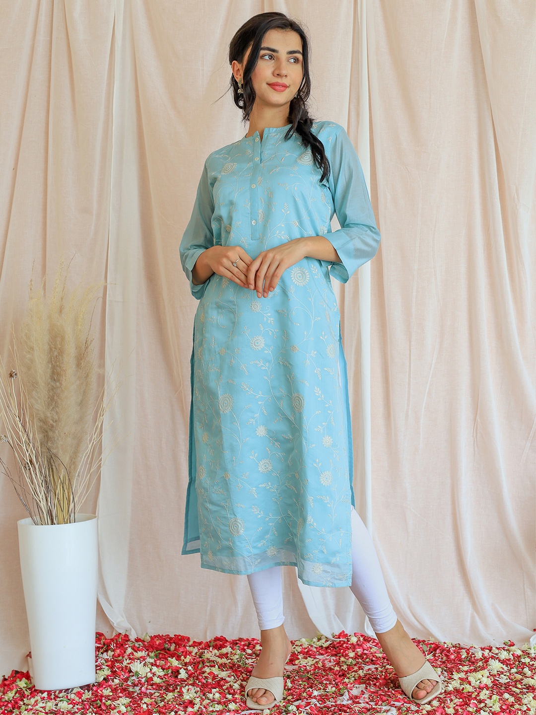 

Libas Floral Embroidered Thread Work Chanderi Silk Kurta, Blue