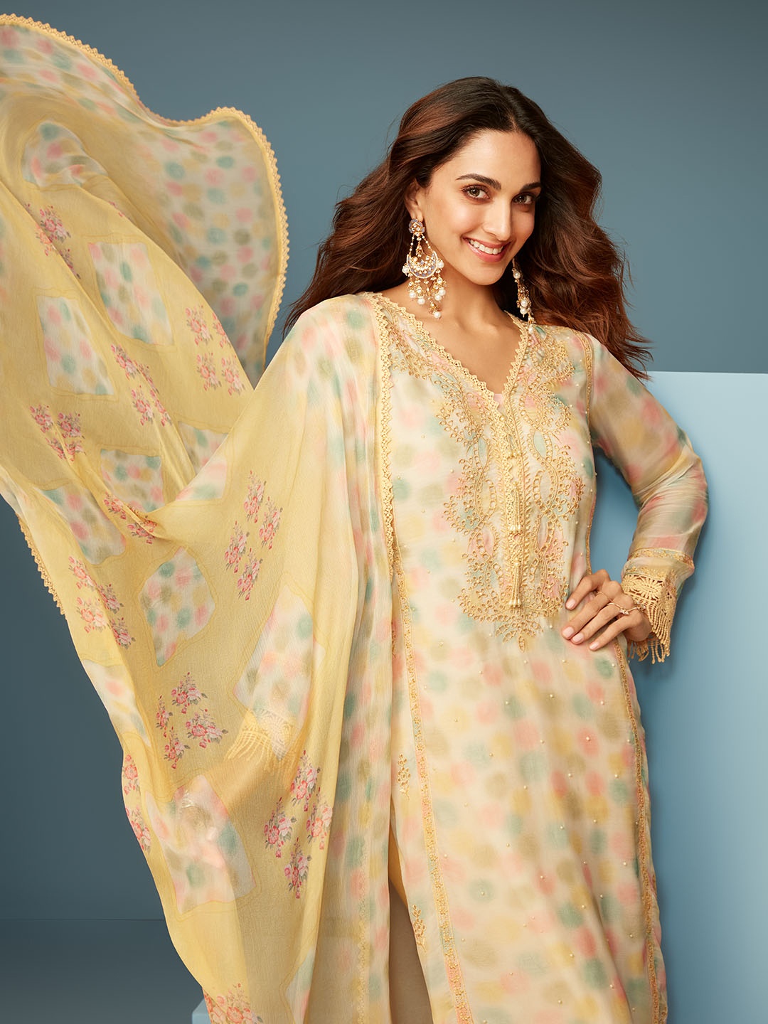 

Libas Yellow Floral Printed V-Nek Beads and Stones Straight Kurta with Palazzos & Dupatta