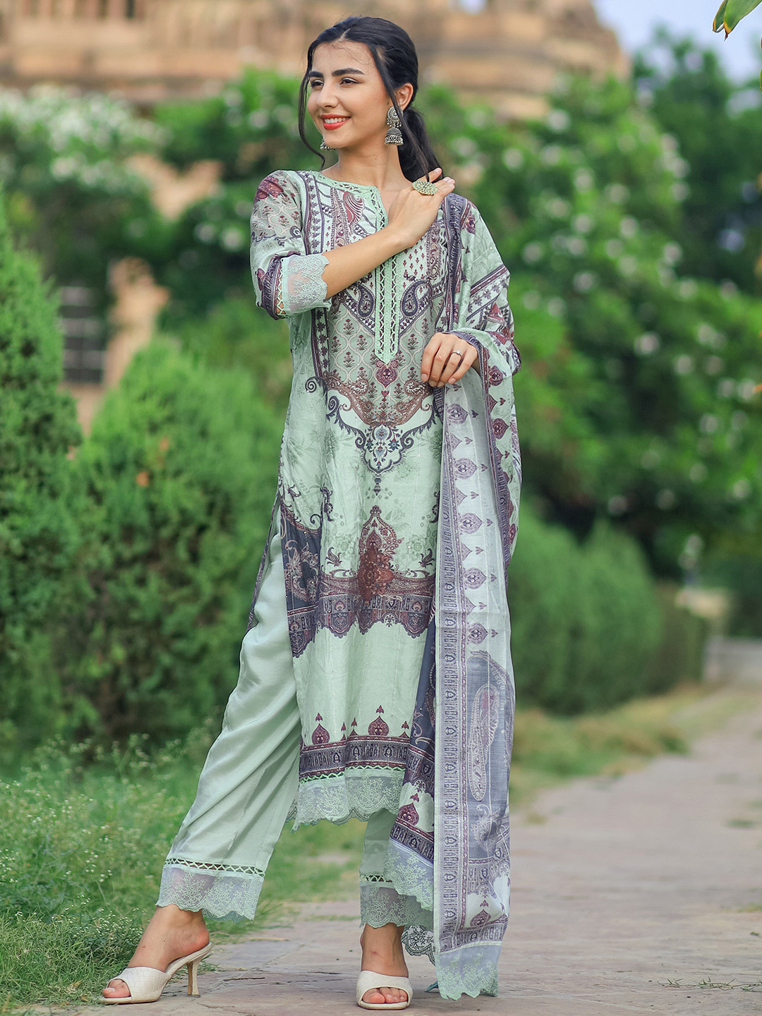 

Libas Green Ethnic Motifs Printed Flared Sequinned Straight Kurta With Trousers & Dupatta