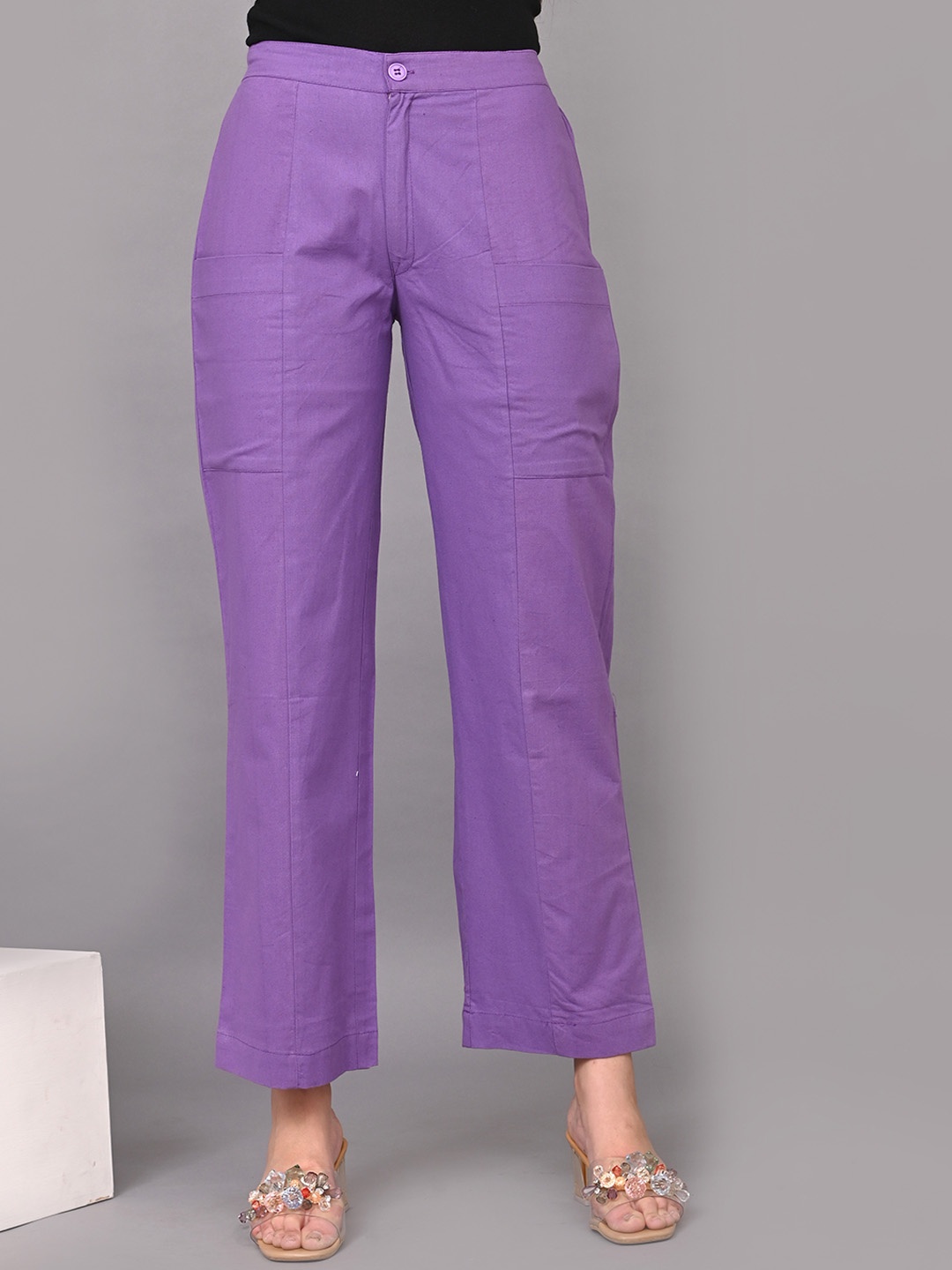 

IQRAAR Women Mid Rise Cotton Trousers, Lavender