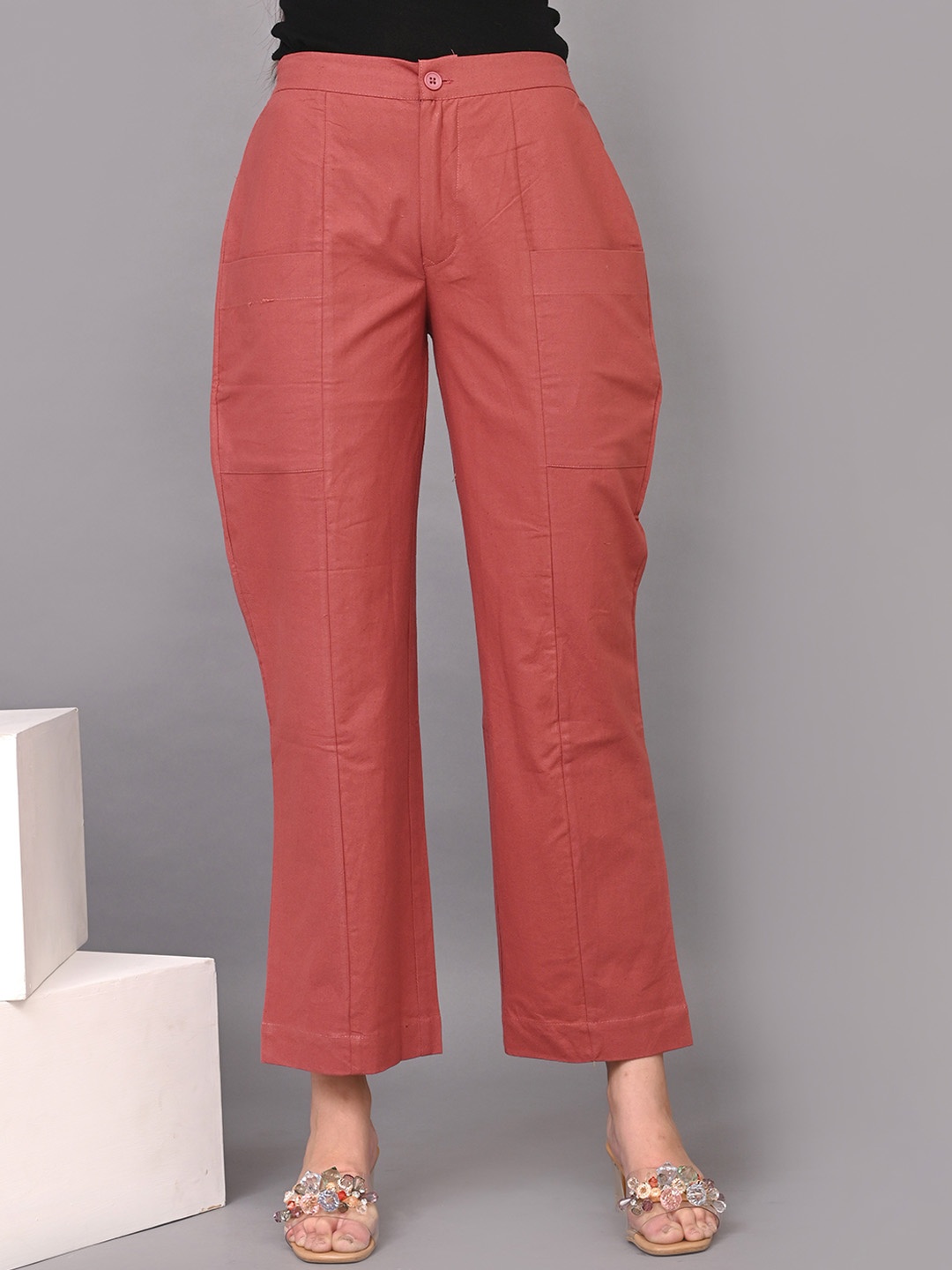 

IQRAAR Women Mid Rise Cotton Trousers, Peach