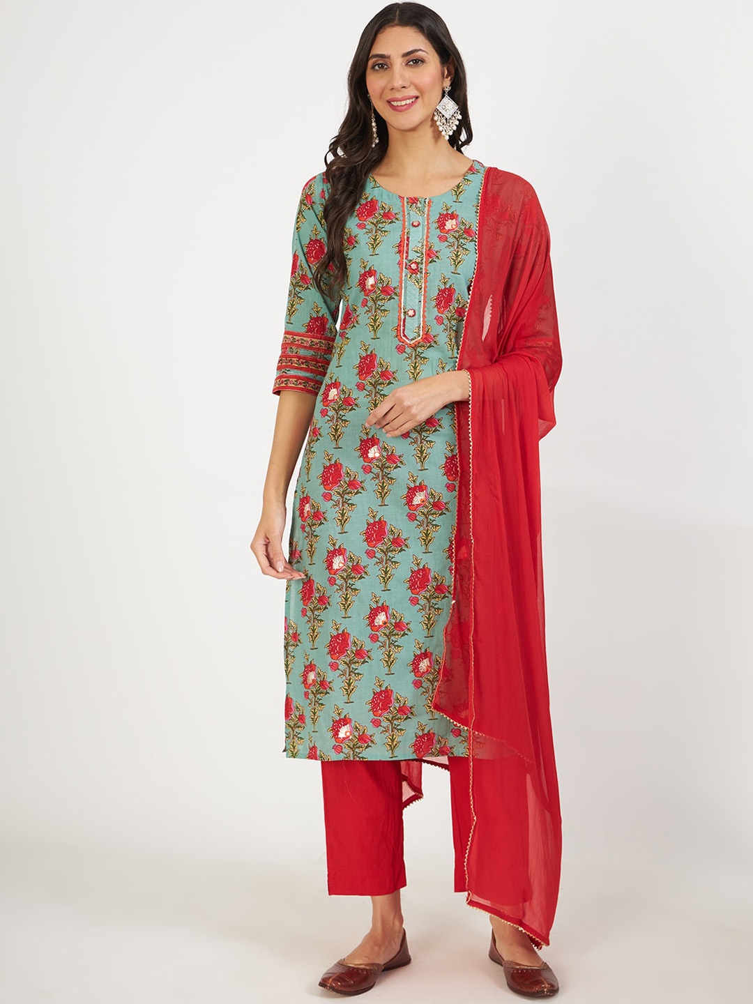 

Divena Floral Printed Pure Cotton Kurta With Trousers & Dupatta, Green