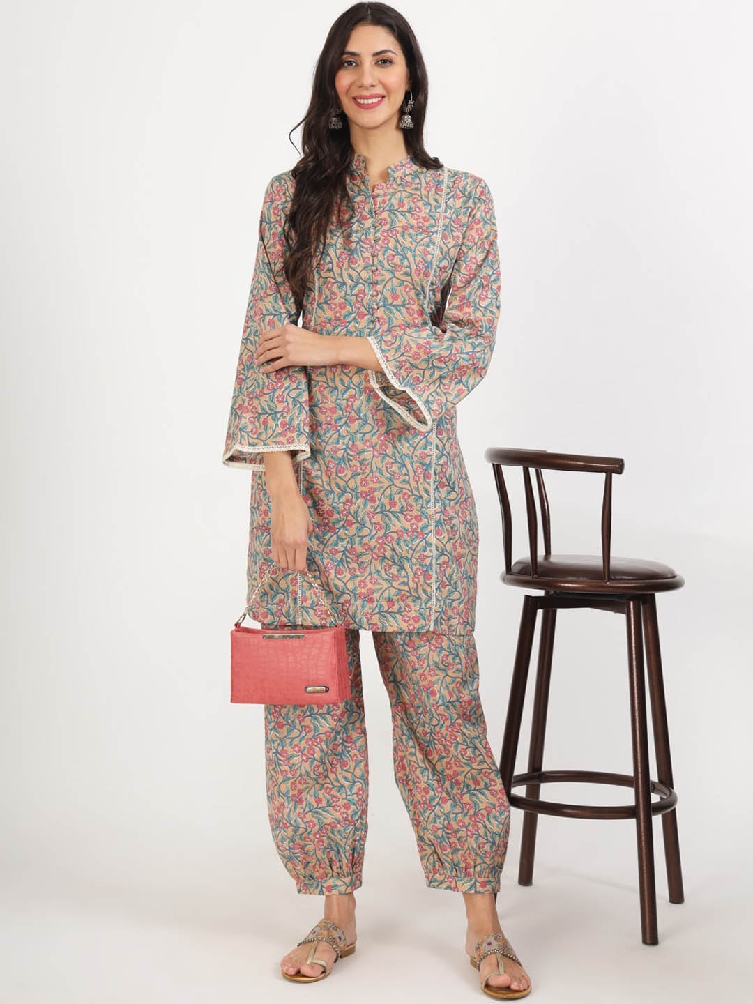 Divena Floral Printed Pure Cotton Kurta With Salwar, Beige