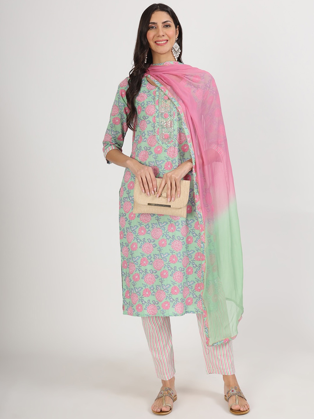 

Divena Floral Printed Kurta With Trousers & Dupatta, Green