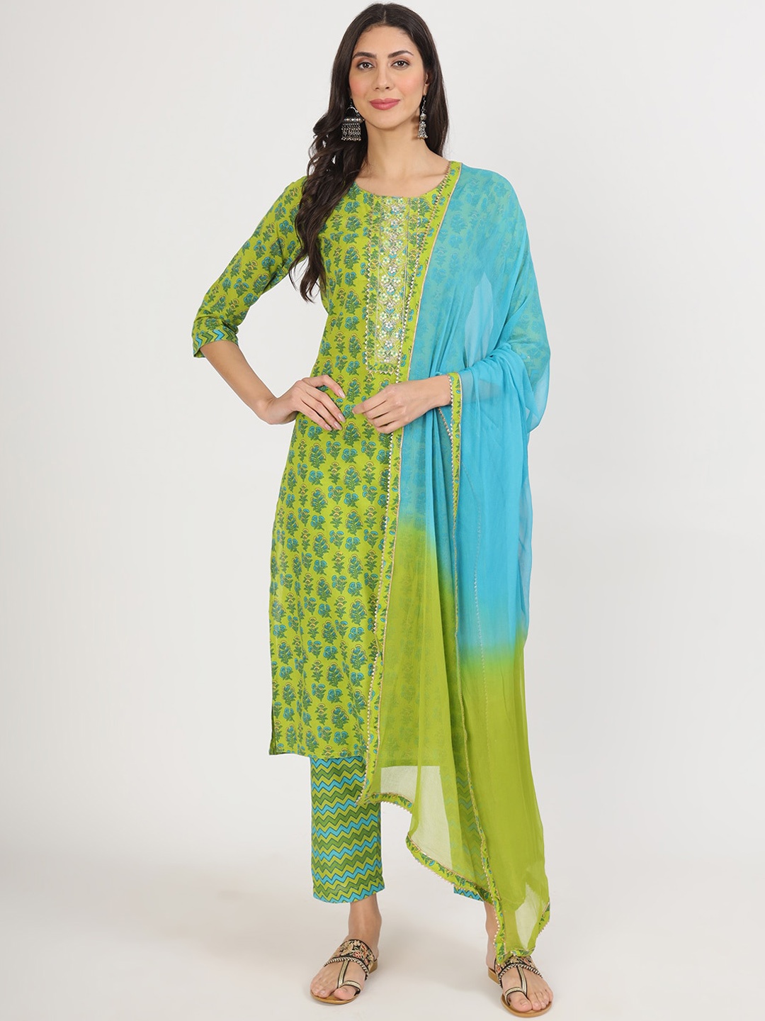 Divena Floral Printed Kurta With Trousers & With Dupatta, Green