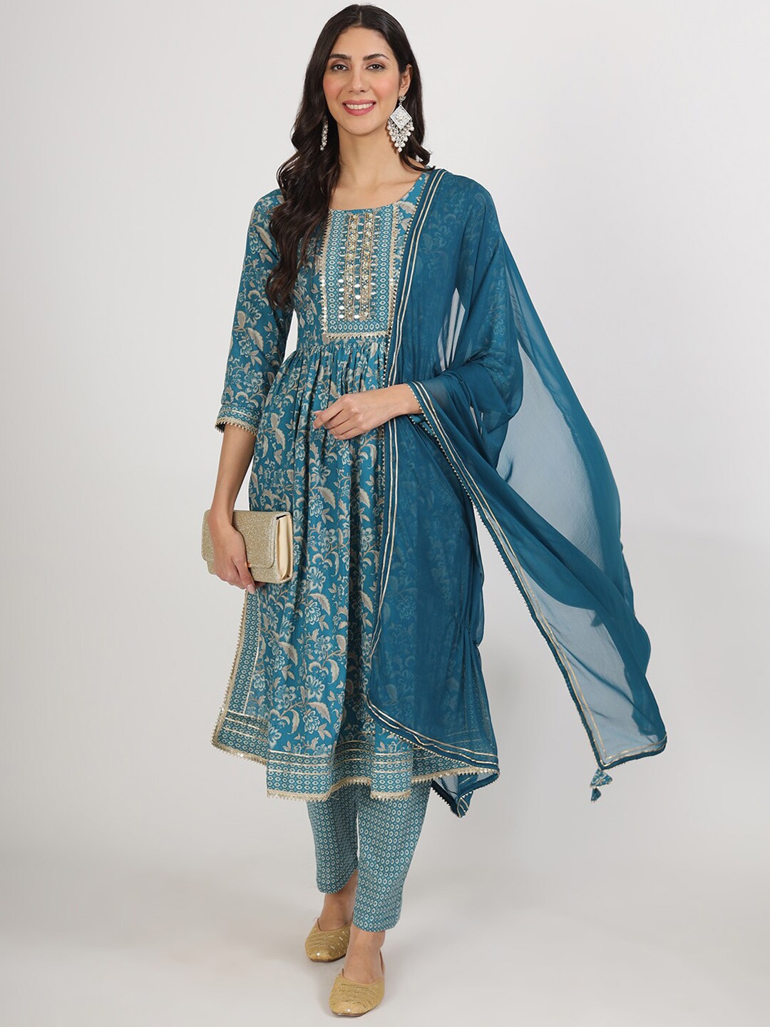 Divena Floral Printed Sequinned Kurta With Trousers & Dupatta, Turquoise blue