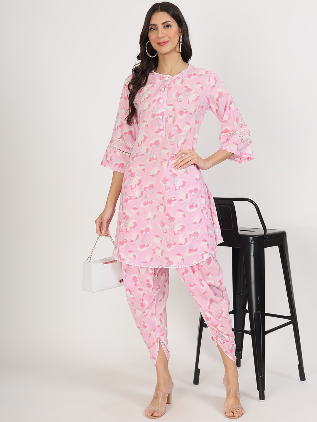 

Divena Floral Printed Pure Cotton Kurta With Dhoti Pants, Pink