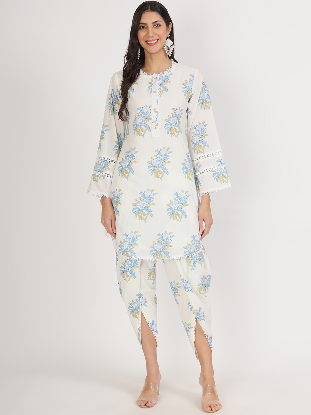 

Divena Floral Printed Straight Pure Cotton Kurta with Dhoti Pants, Off white
