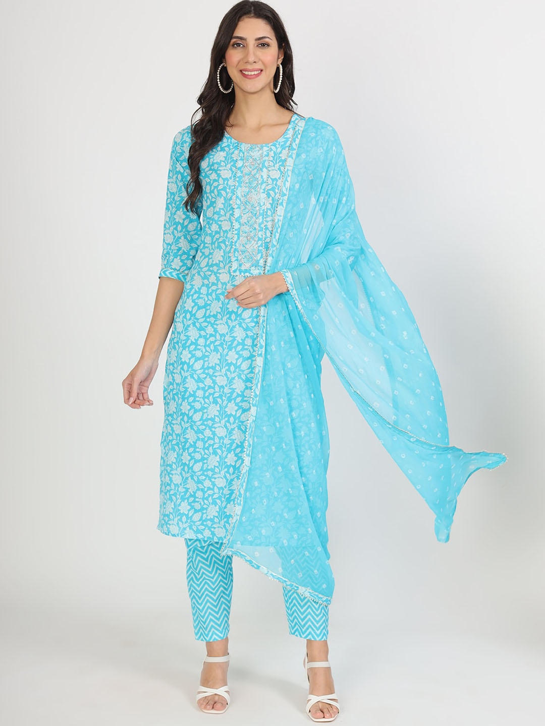 

Divena Floral Printed Gotta Patti Pure Cotton Straight Kurta with Trousers & Dupatta, Blue