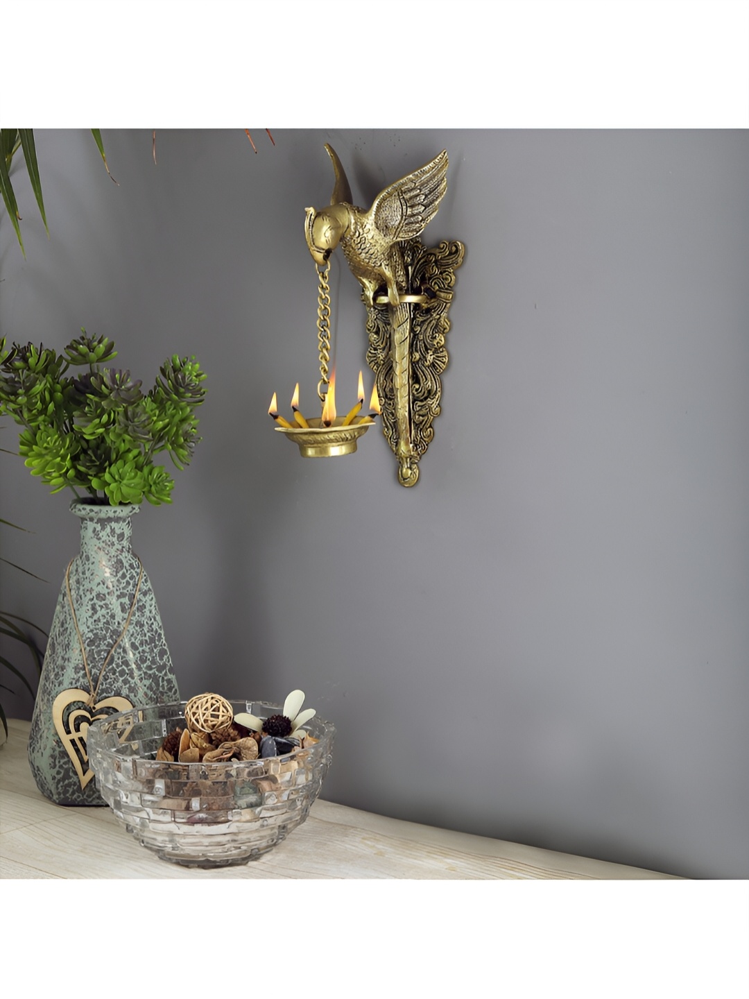 

Two Moustaches Parrot Design Brass Wall Hanging Diya, Gold