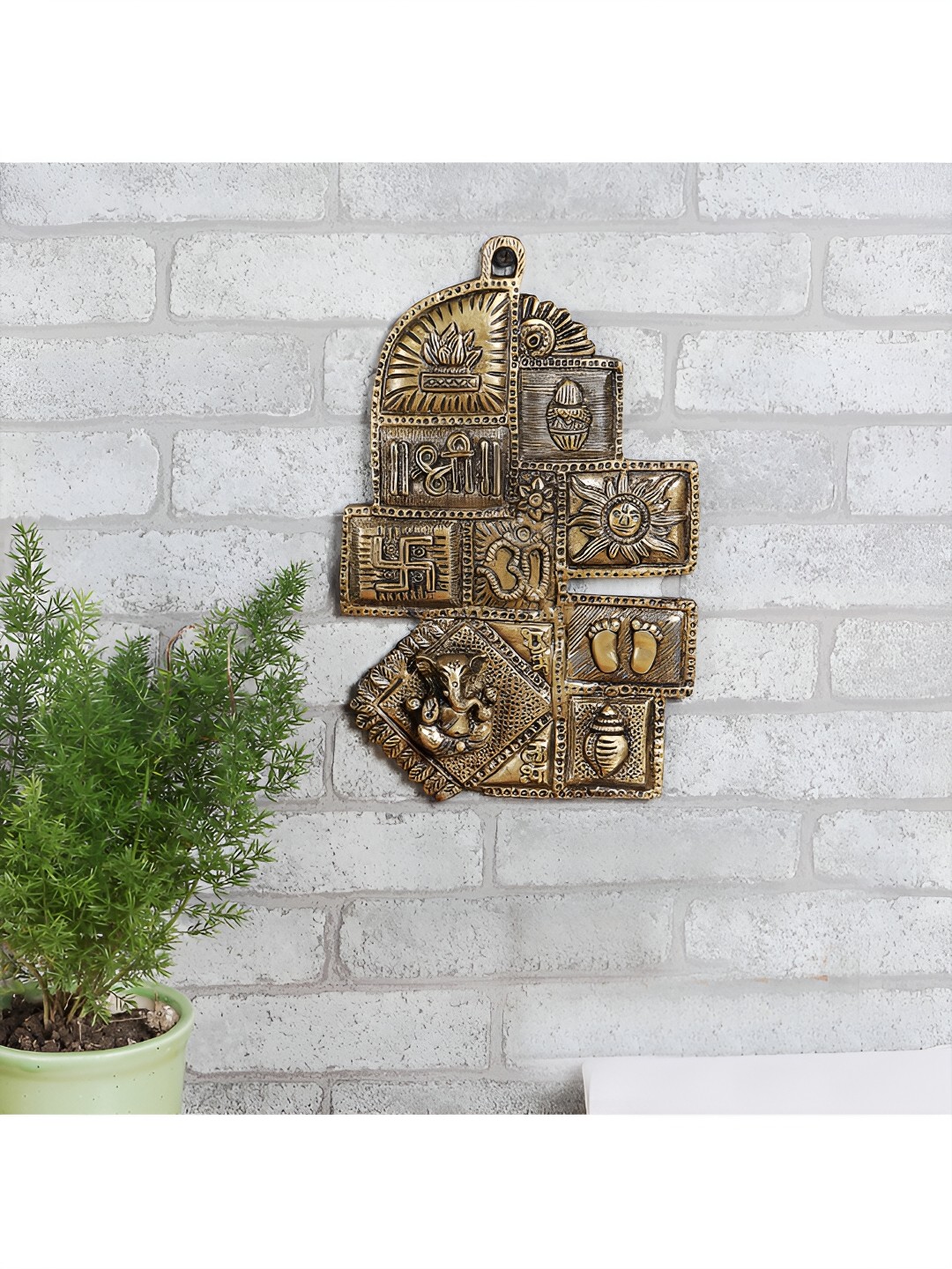 

Two Moustaches Brass Om Kalash Swastika Ganesha Wall Hanging, Metallic