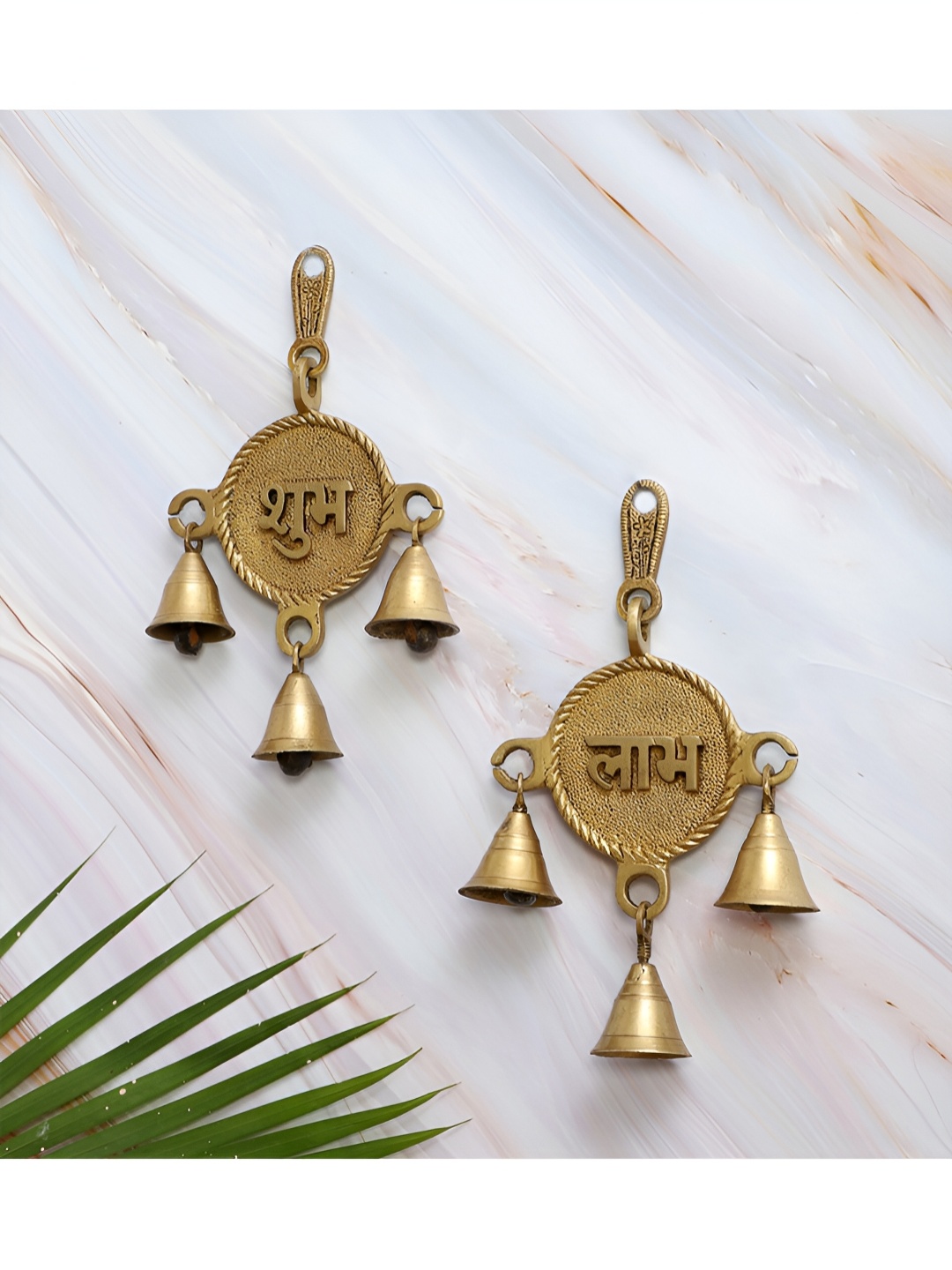 Two Moustaches 2 Pieces Brass Rounded Shubh Labh Door Hanging Bells Set, Gold