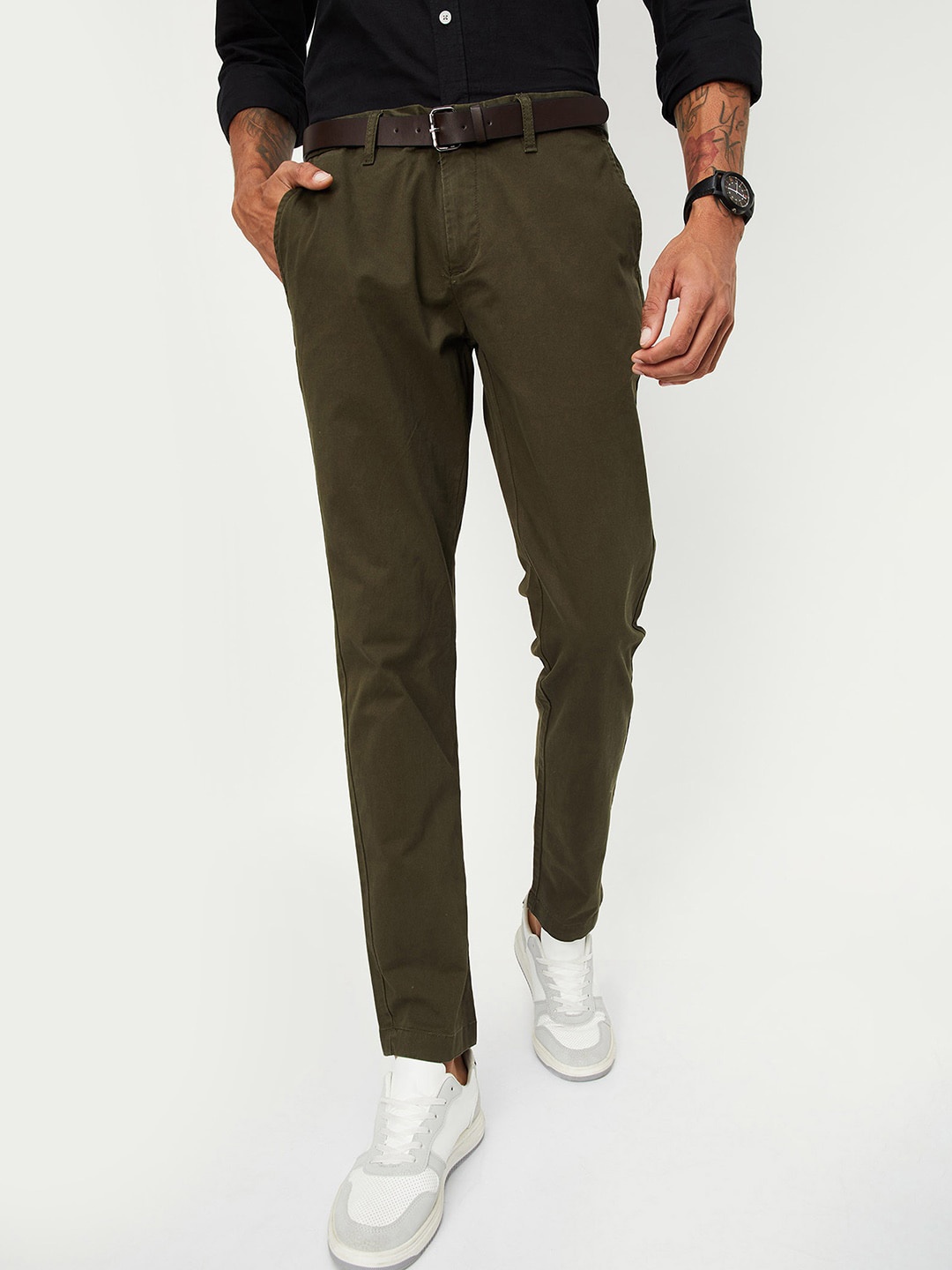 

max Men Mid Rise Cotton Chinos Trousers, Olive