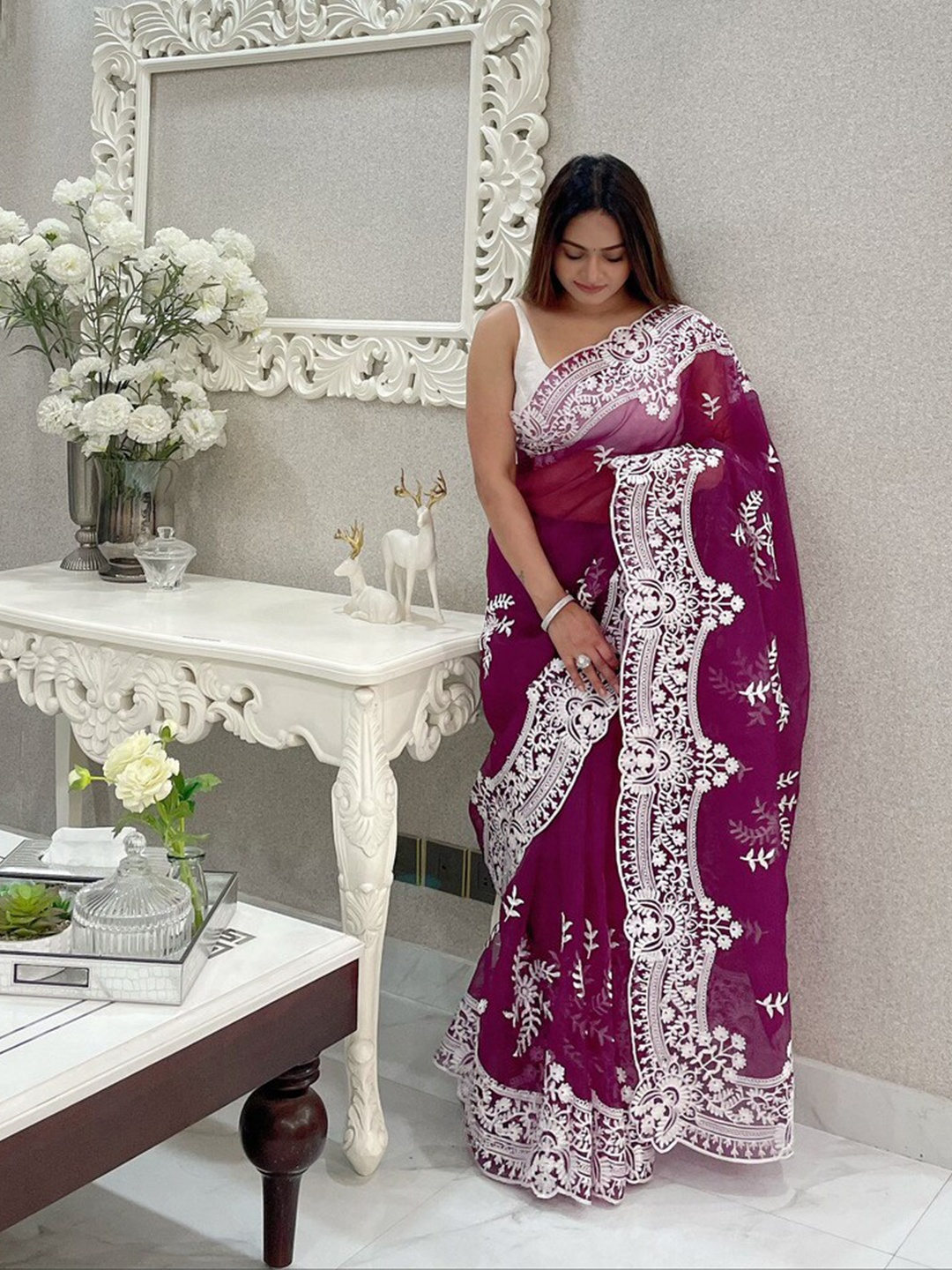 

Kandora Floral Embroidered Organza Saree, Purple