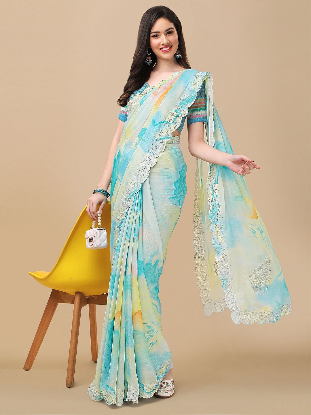 

ROOP SUNDARI SAREES Tie and Dye Printed Beads and Stones Pure Chiffon Saree, Blue