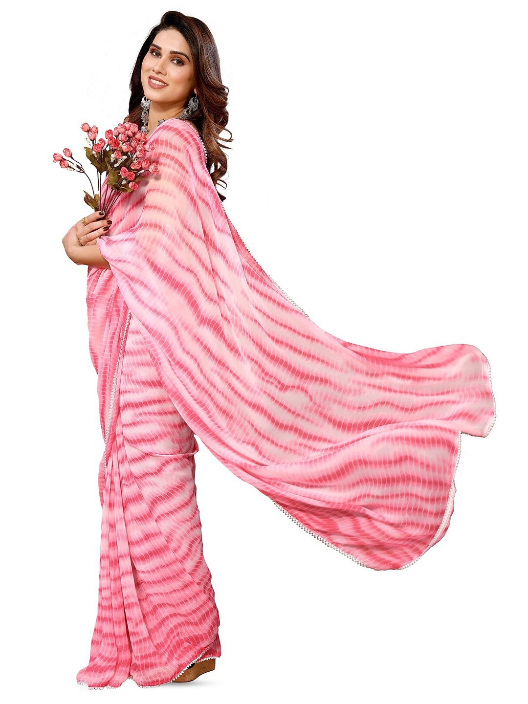 

ROOP SUNDARI SAREES Tie and Dye Printed Pure Georgette Ready to Wear Saree, Pink