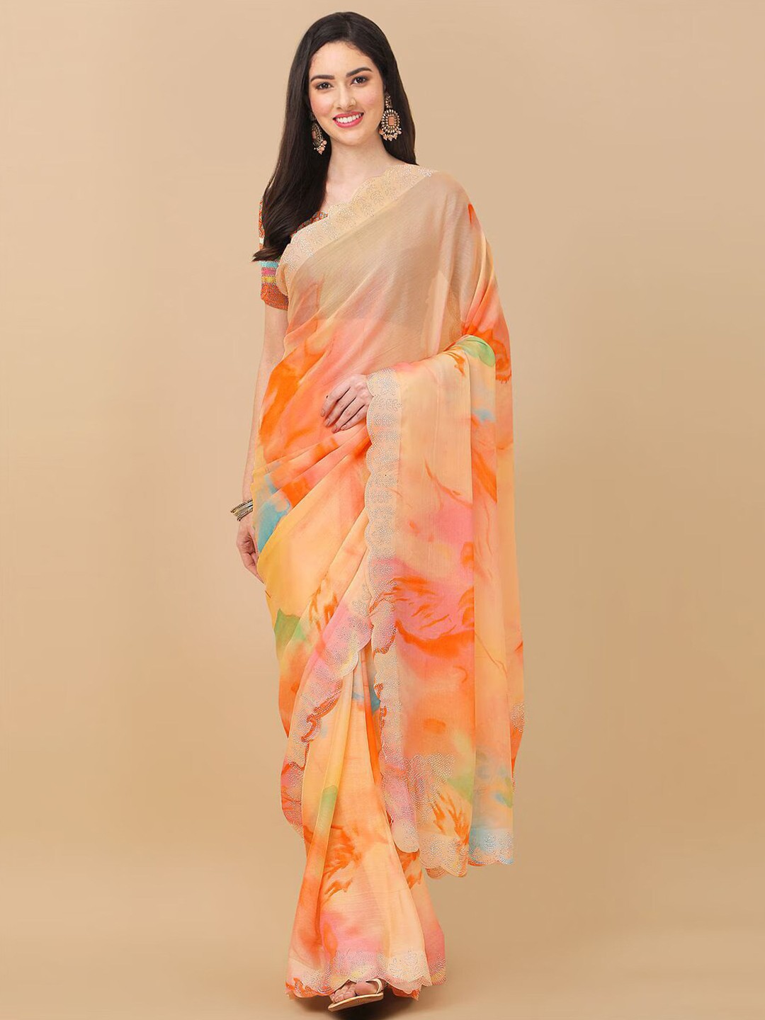 

ROOP SUNDARI SAREES Tie and Dye Printed Beads and Stones Pure Chiffon Saree, Orange